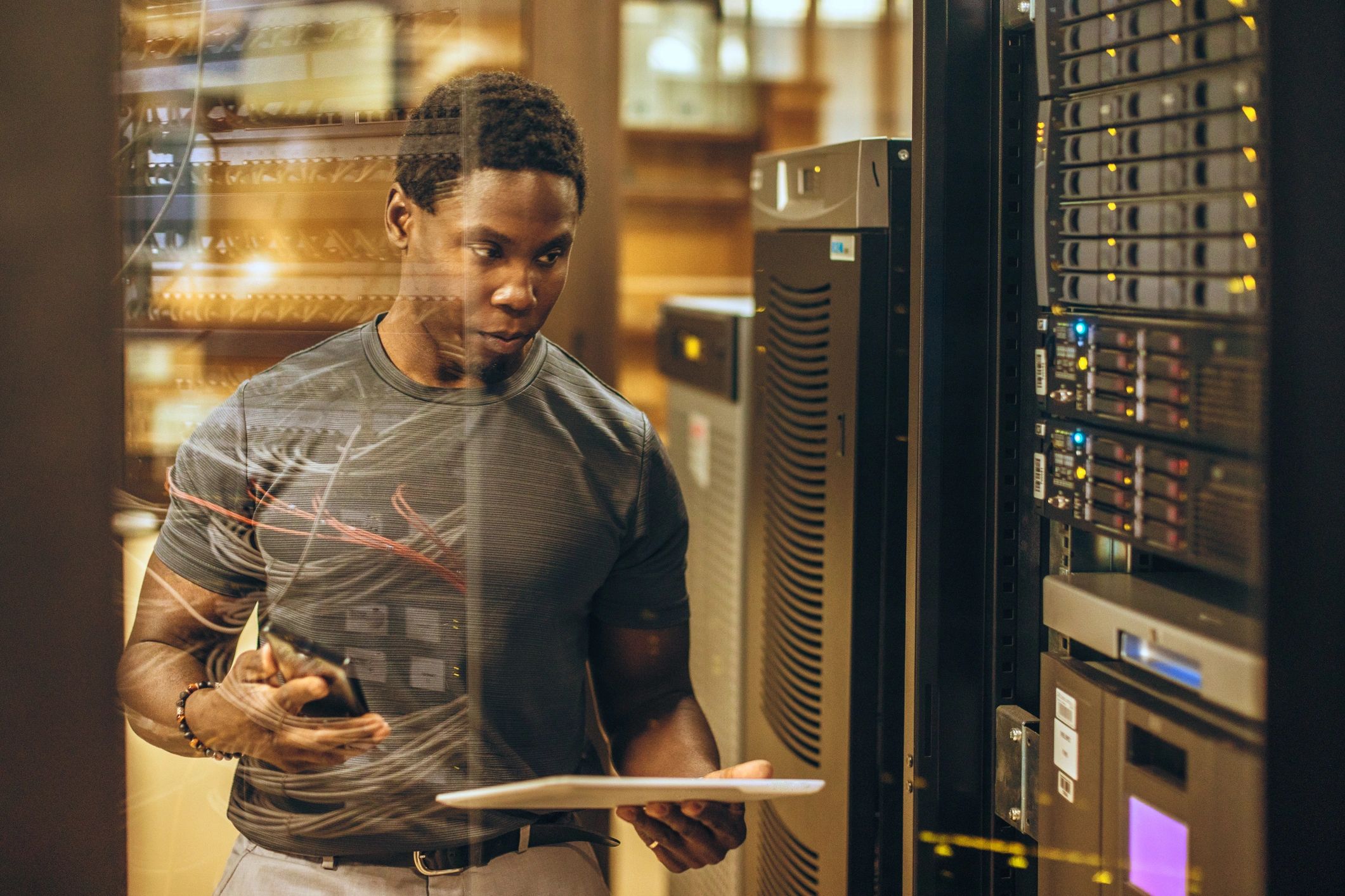 Engineer in a server room